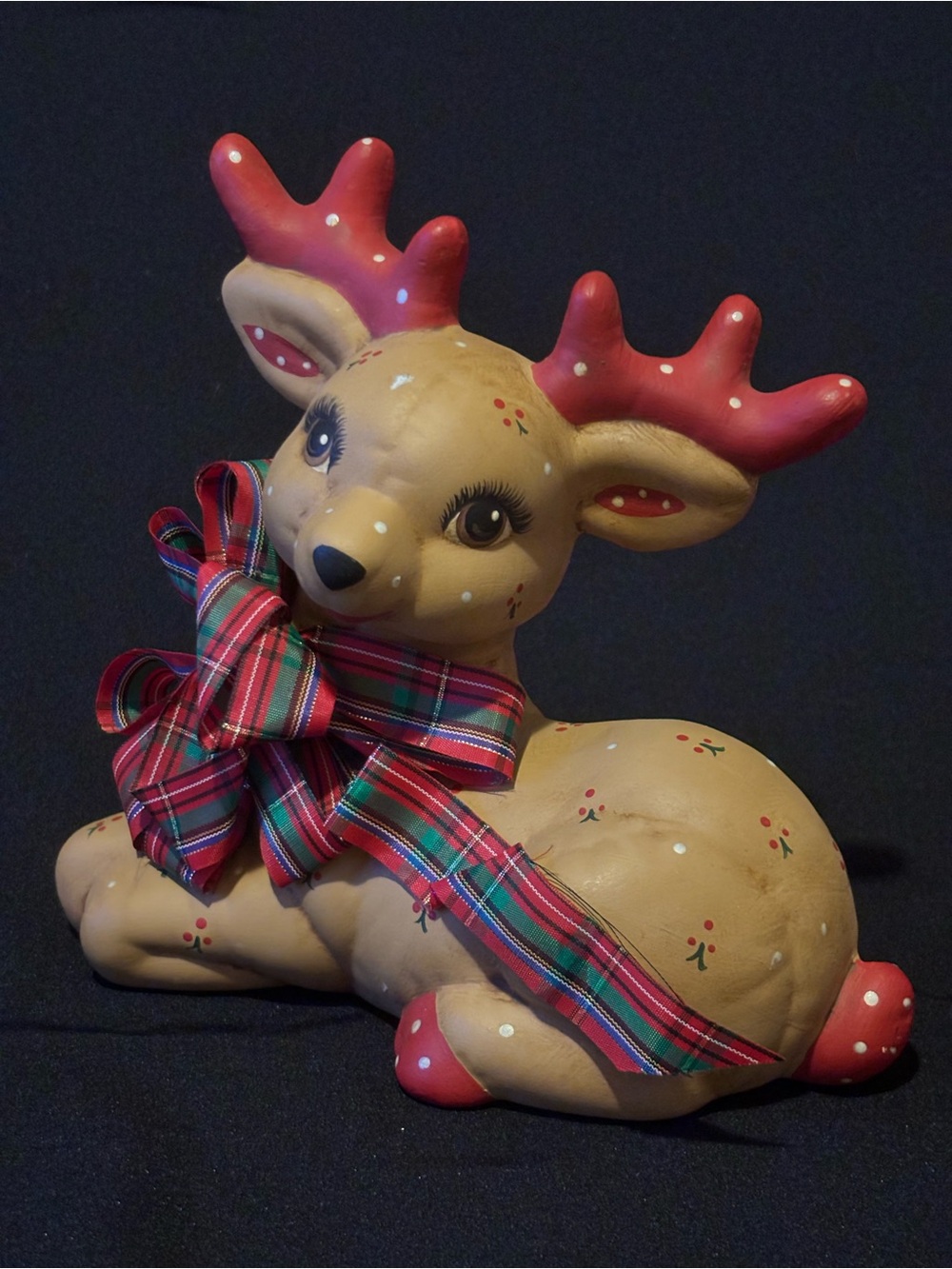 Ceramic Brown Reindeer Red Polka  Dotted Ears Figurine